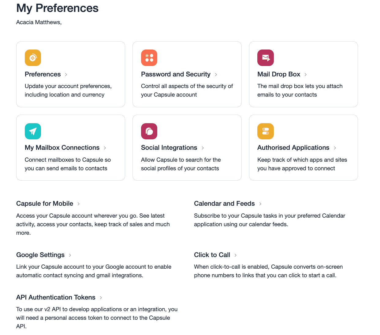 Menú de preferencias del usuario