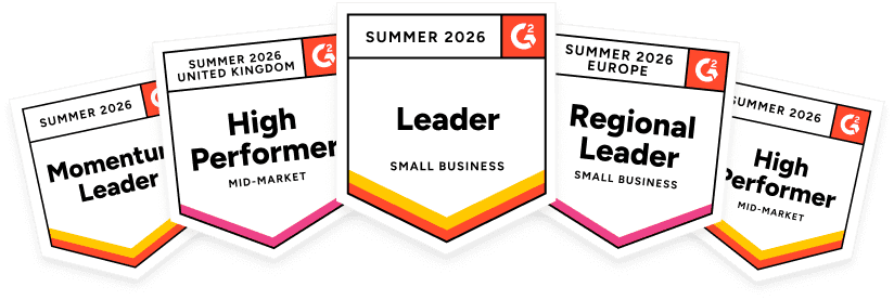 G2 awards - Leader (Small Business), Spring 2024. High Performer (Americas), Spring 2024. High Performer (Spring), 2024. Small Business High Performer (Europe), Spring 2024. Momentum Leader (Spring), 2024.