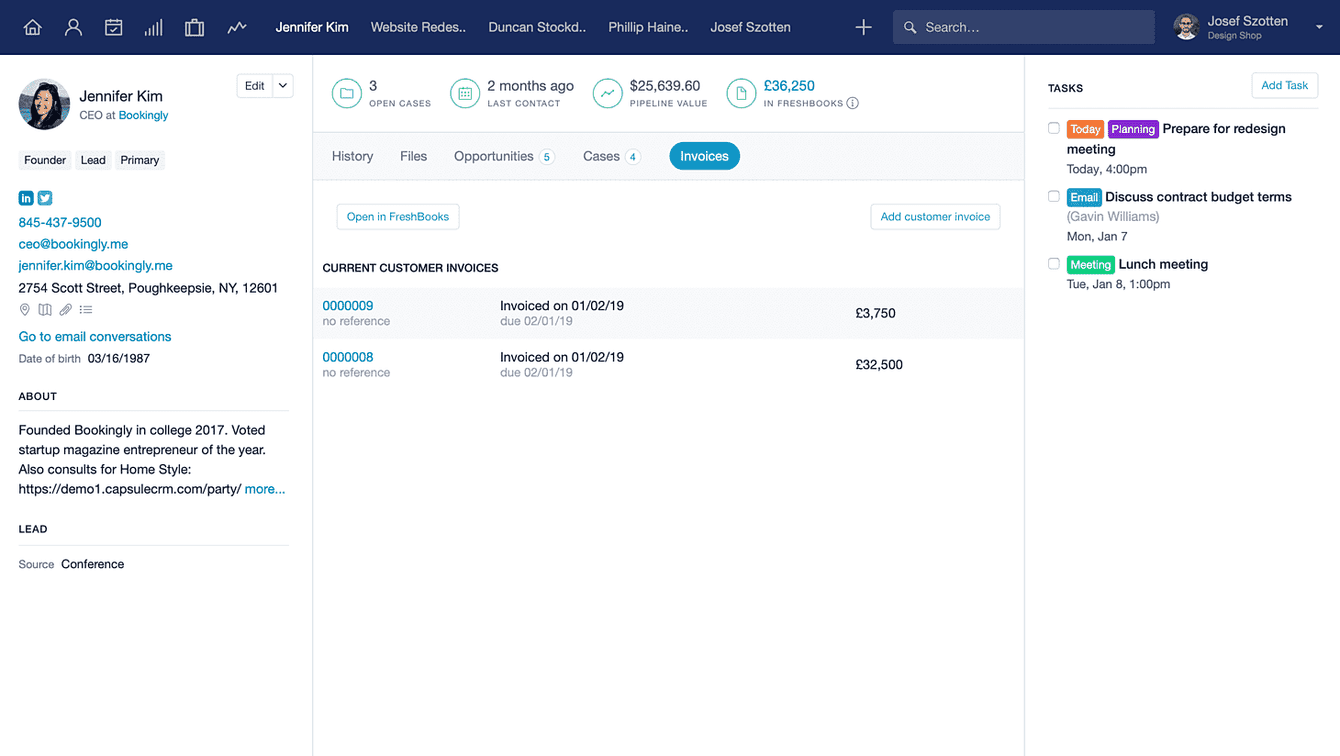 The Capsule FreshBooks integration showing a list of
invoices