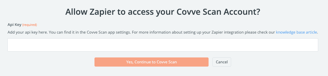 afficher la page d'accès pour lier covve et zapier