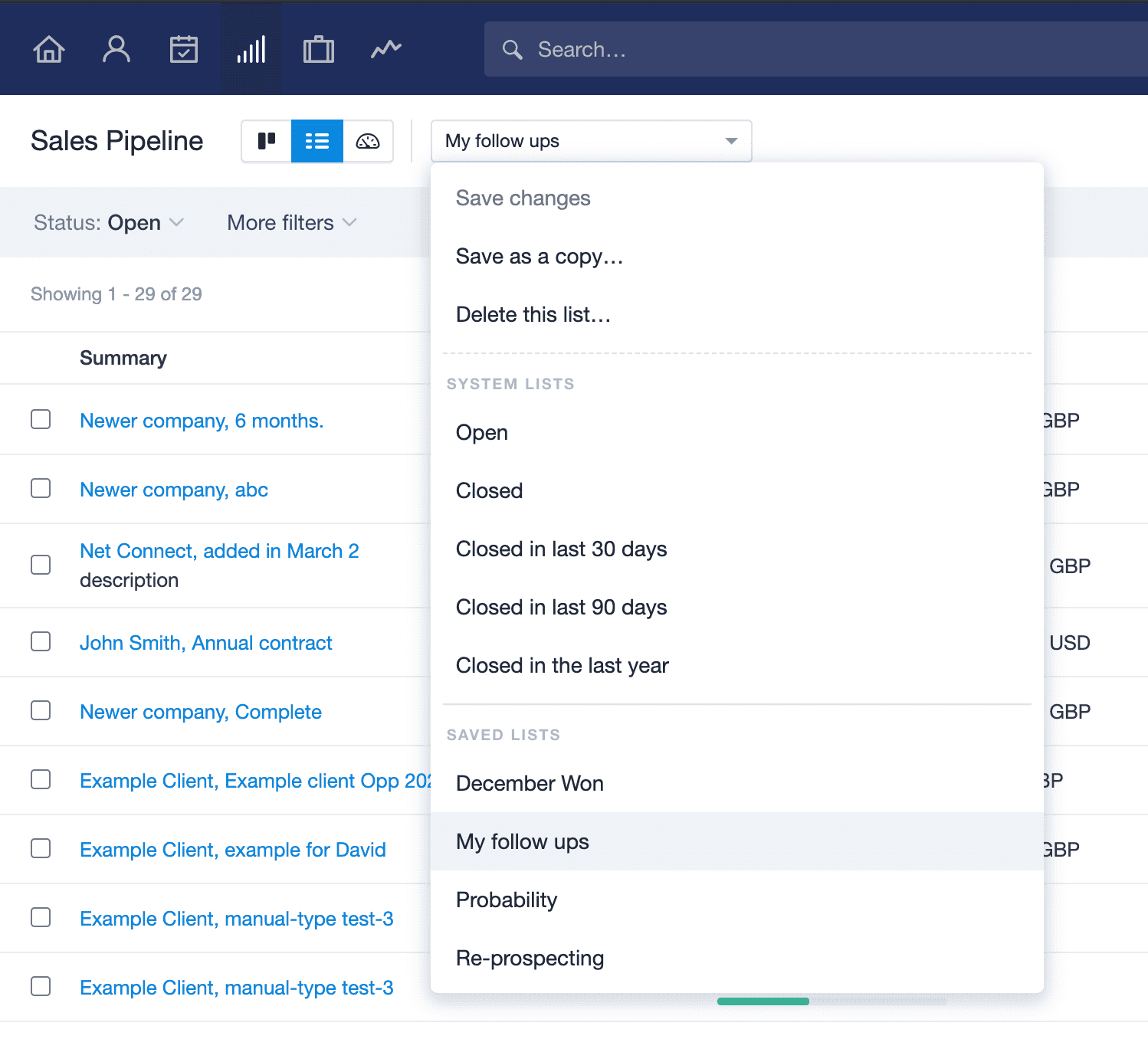 Lista “Mis seguimientos” guardada y disponible en el cuadro desplegable