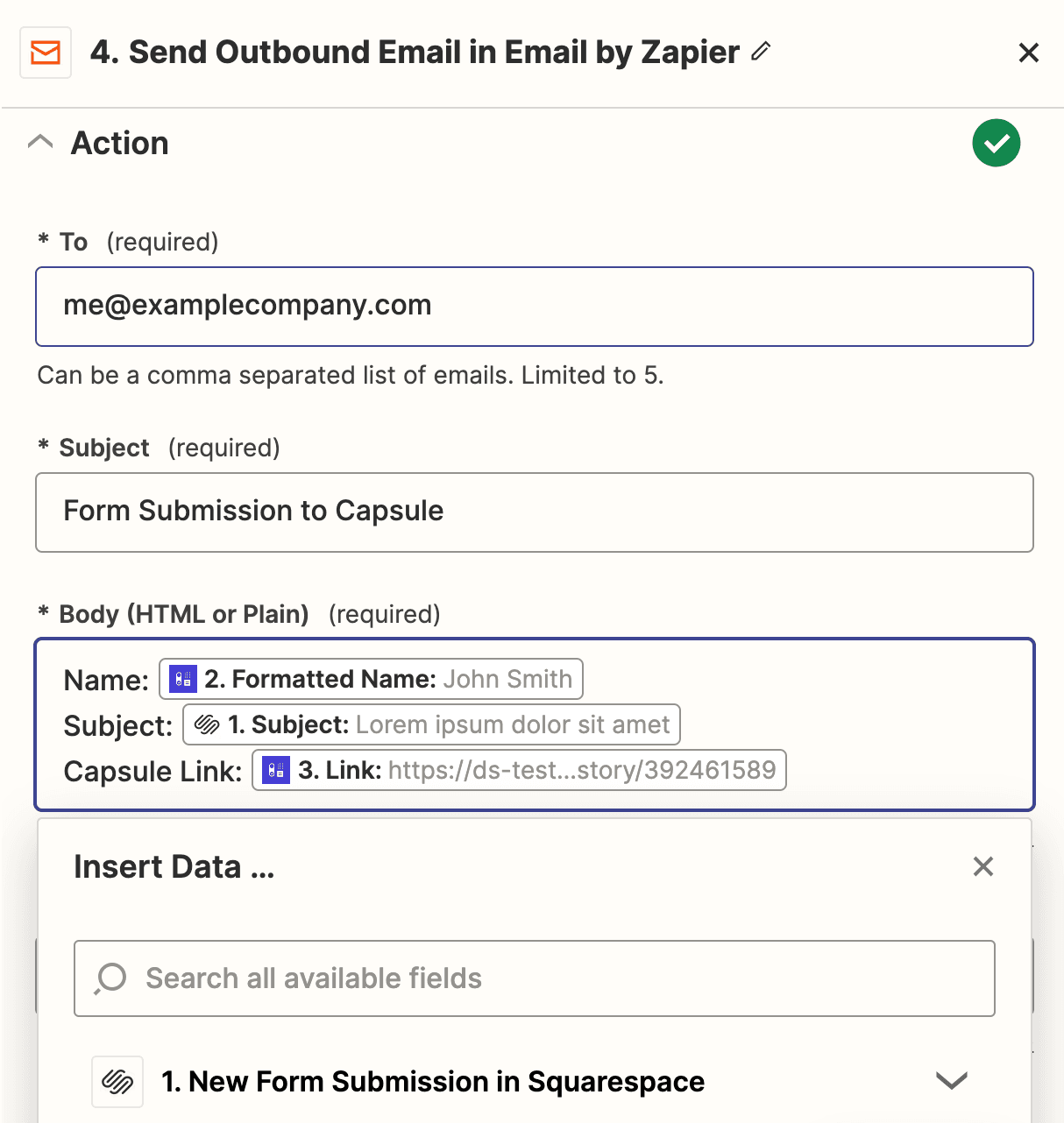 Capture d'écran montrant comment configurer les étapes de l'email sortant pour envoyer un email une fois qu'un contact Capsule a été créé.