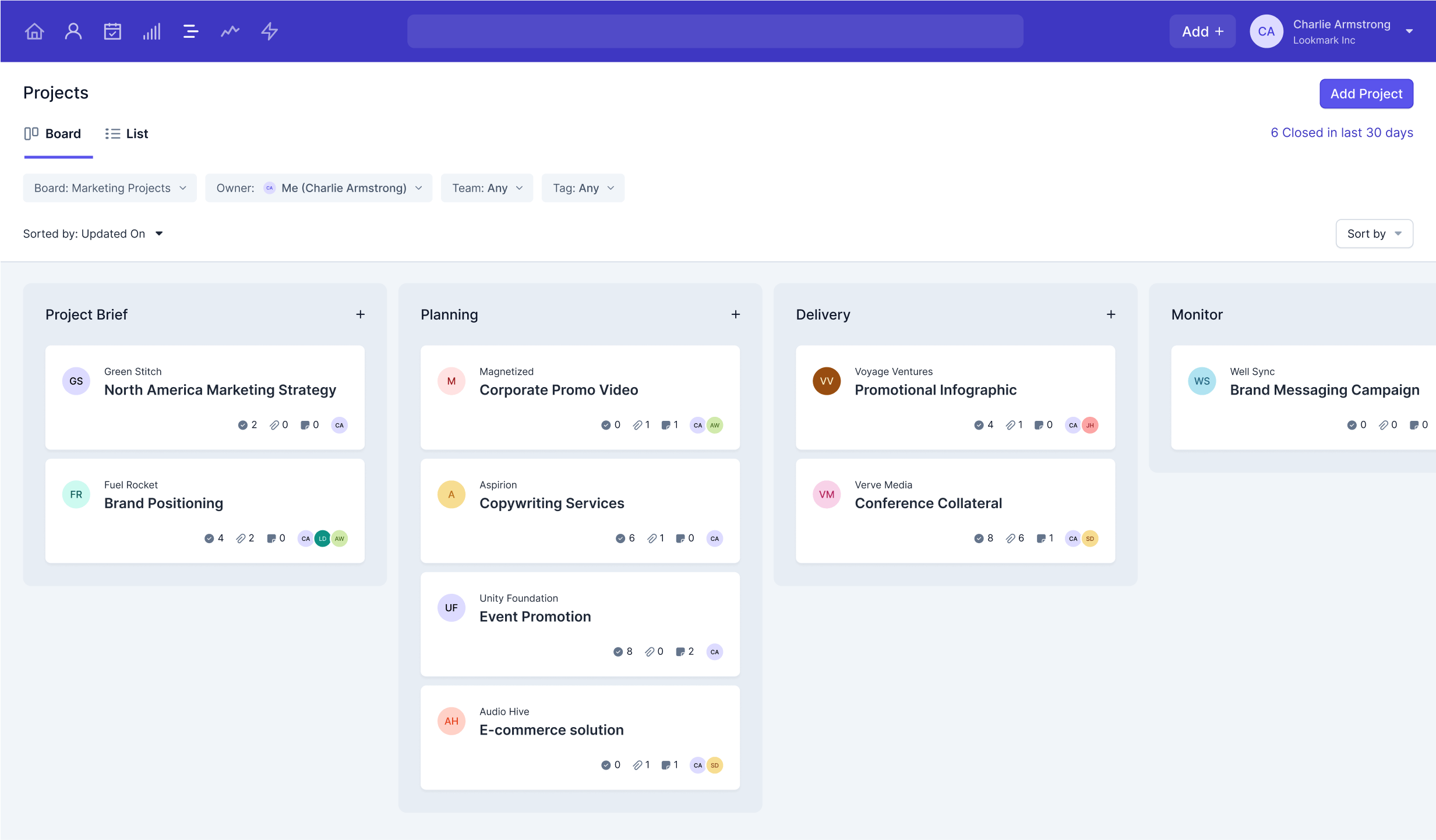 Product screenshot showing current projects in a kanban view