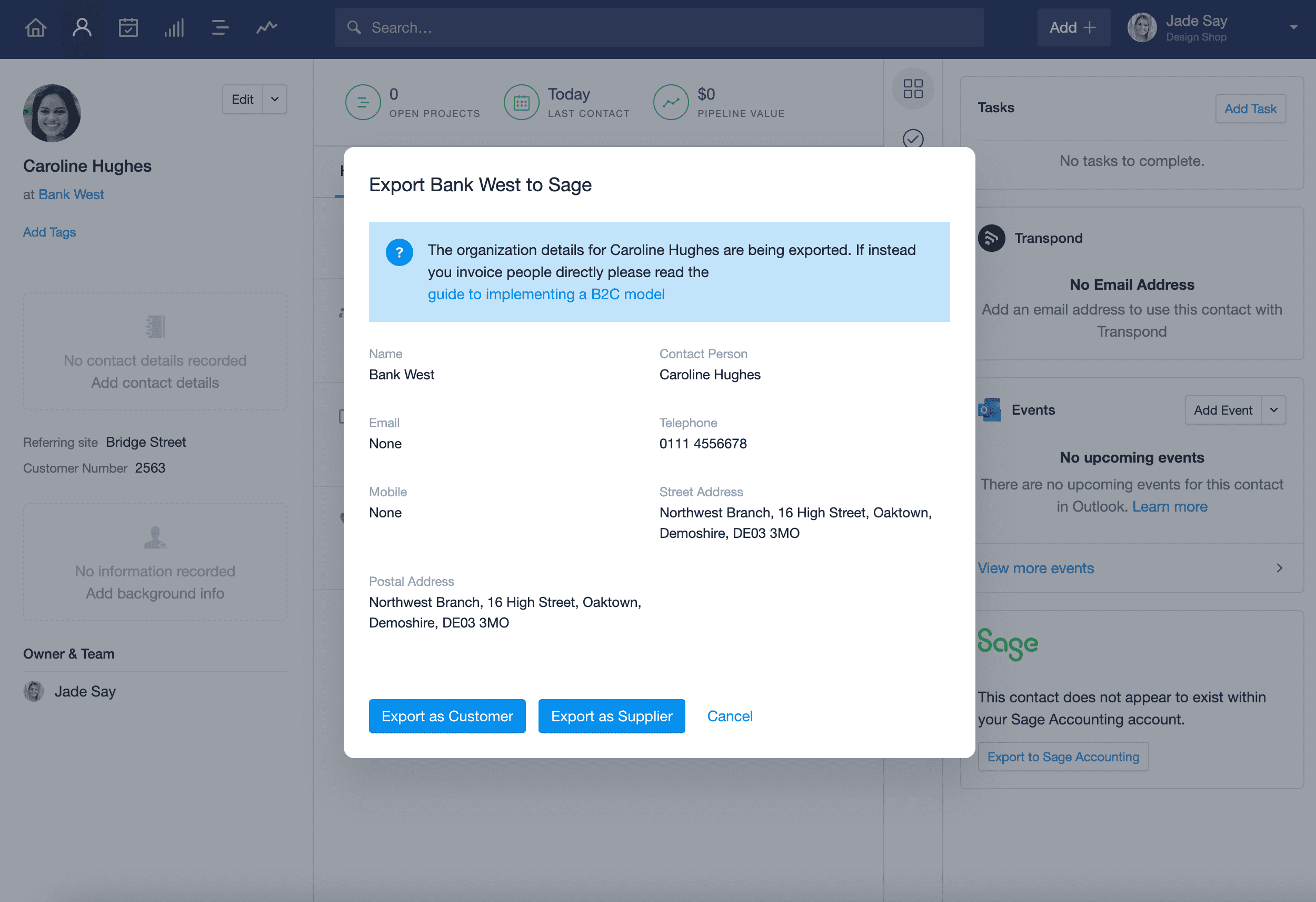 Export details to Sage modal