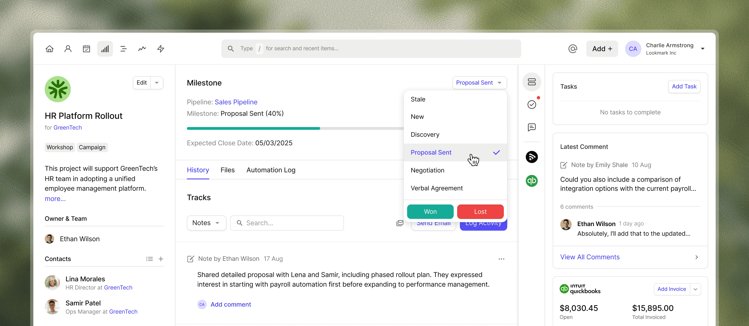 Screenshot of Capsule CRM sales pipeline demo showing kanban board view with deal cards that can be dragged between stages, list view with opportunity details, and dashboard view with sales metrics and goal tracking