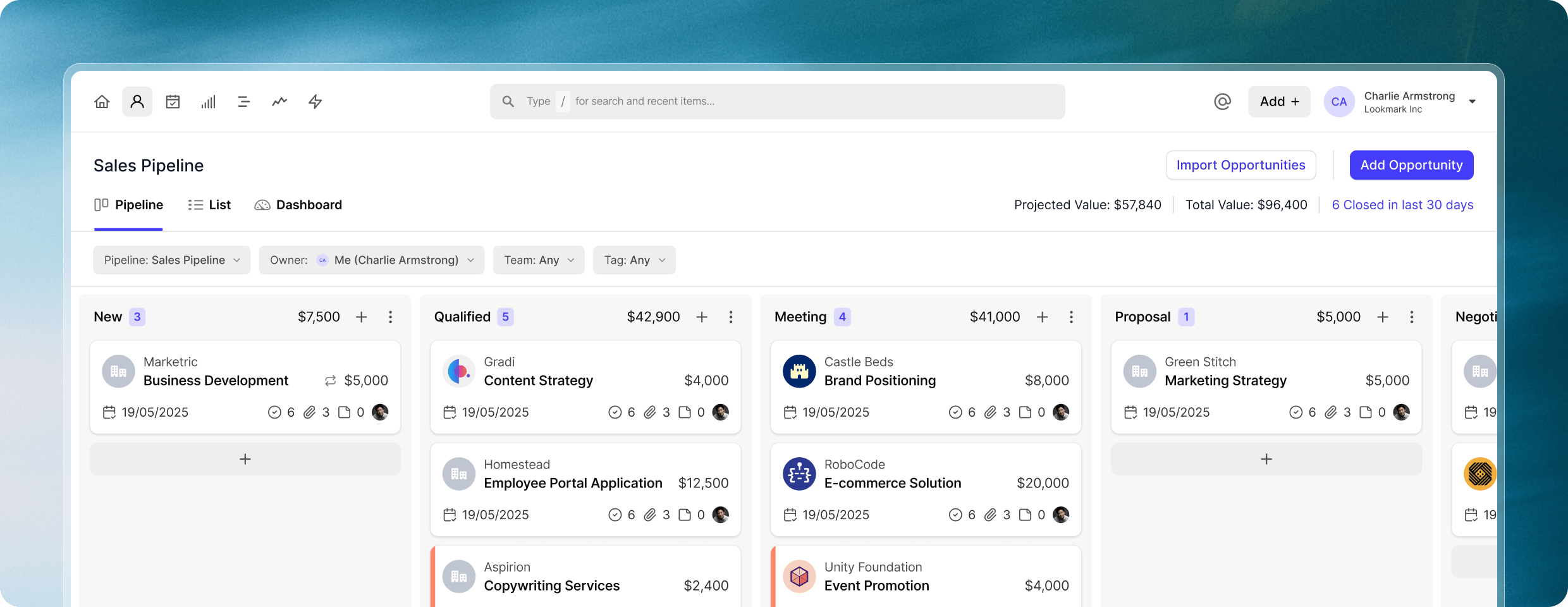 Screenshot of Capsule CRM sales pipeline kanban board view showing multiple columns representing different sales stages with deal cards that can be dragged and moved between stages, displaying opportunity names, values, and progress indicators