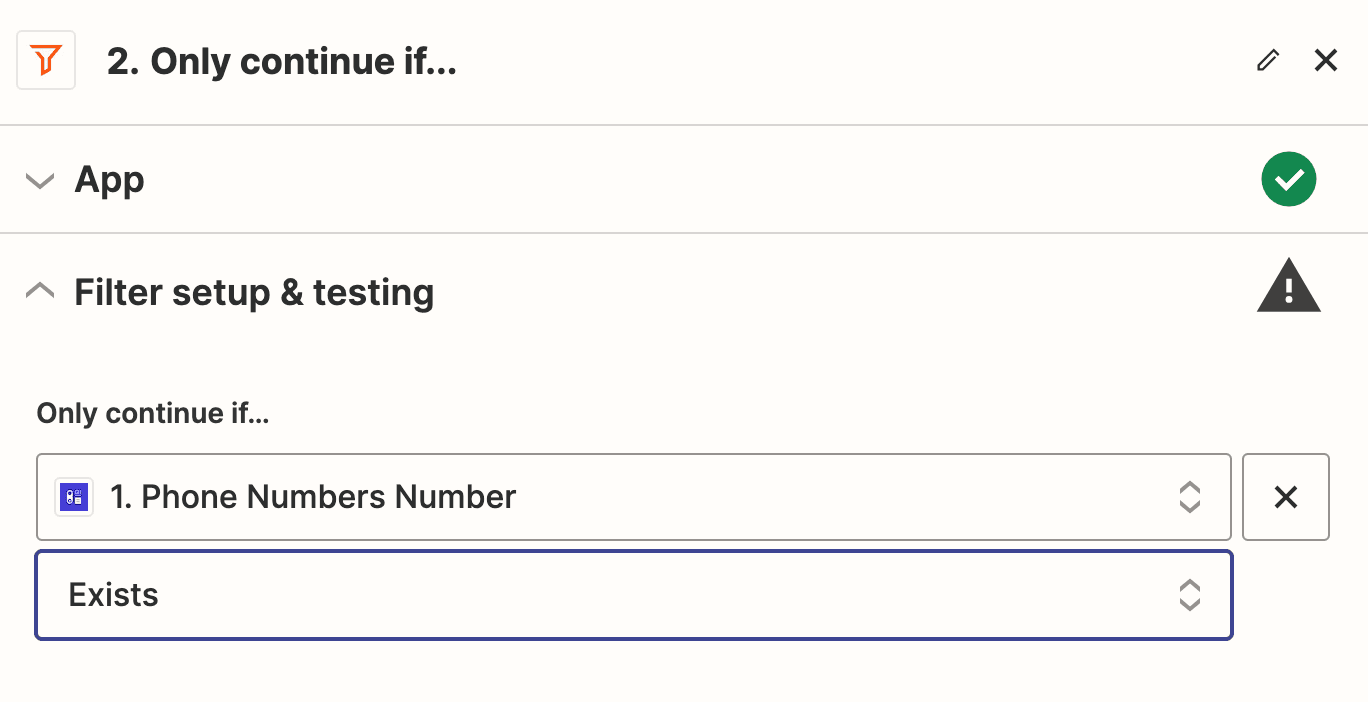 Captura de ecrã que mostra a opção de filtro Zapier, filtrando apenas contactos com um número de telefone