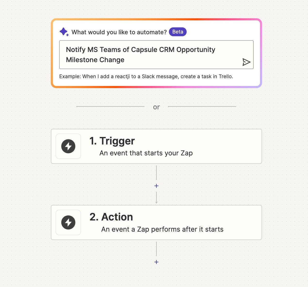 Screenshot showing the first step of a Capsule to MS Teams zap