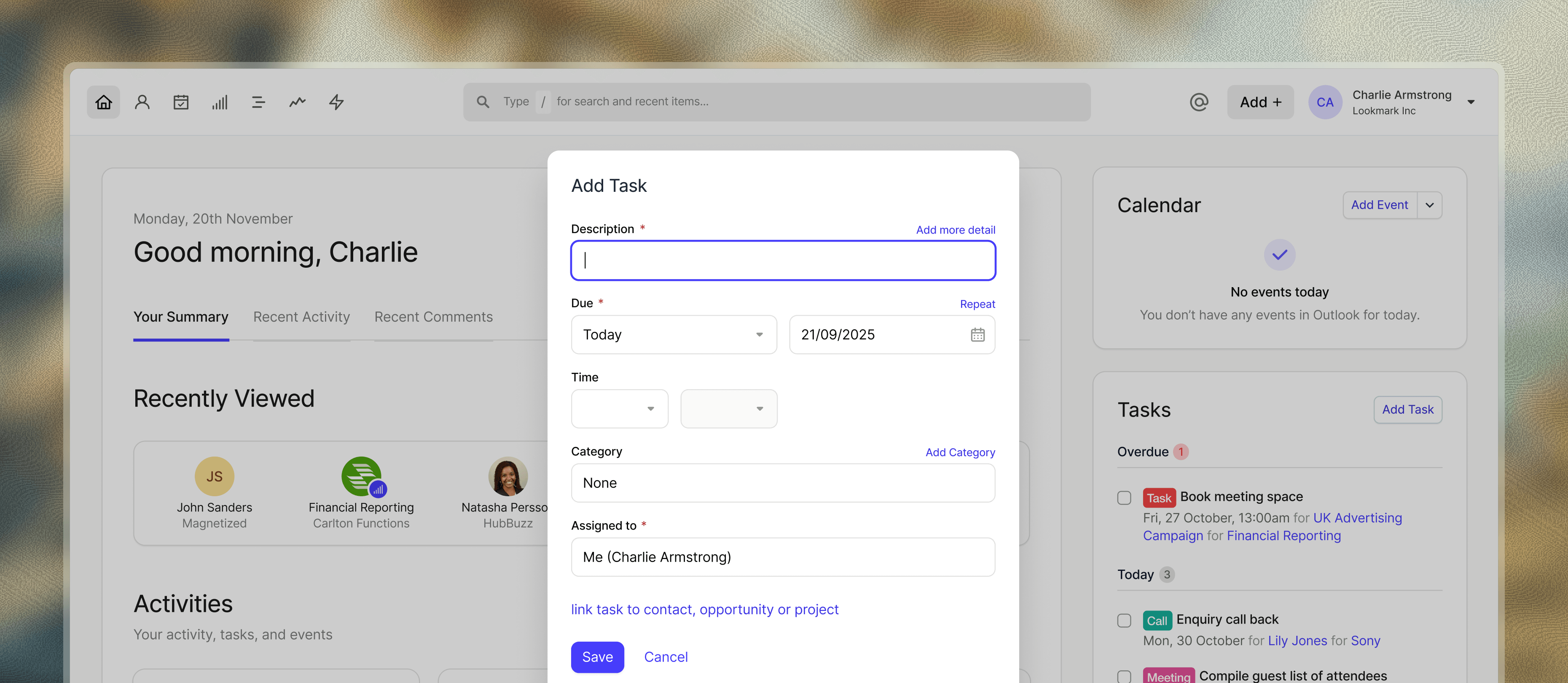 Screenshot of Capsule CRM tasks and calendar interface showing a calendar view with scheduled tasks, task list view with filtering options, and task details including due dates, assigned teammates, tags, and links to related contacts, opportunities, or projects
