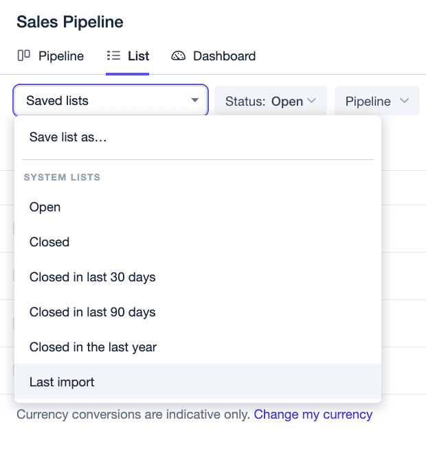 Select saved list containing the last import