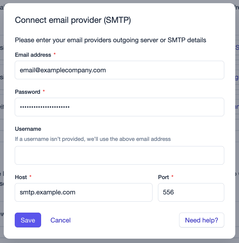 Opções de definições quando se liga uma caixa de correio através de SMTP