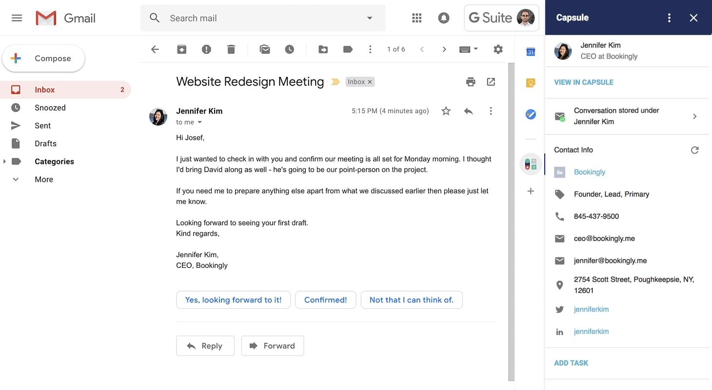 barre latérale de module complémentaire avec Capsule Contacts dans Gmail