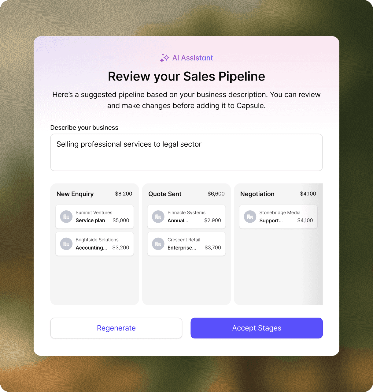 Capsule CRM AI Pipeline Generator: modal showing a suggested sales pipeline with stages like New Enquiry, Quote Sent and Negotiation, example deals and Regenerate and Accept Stages buttons.