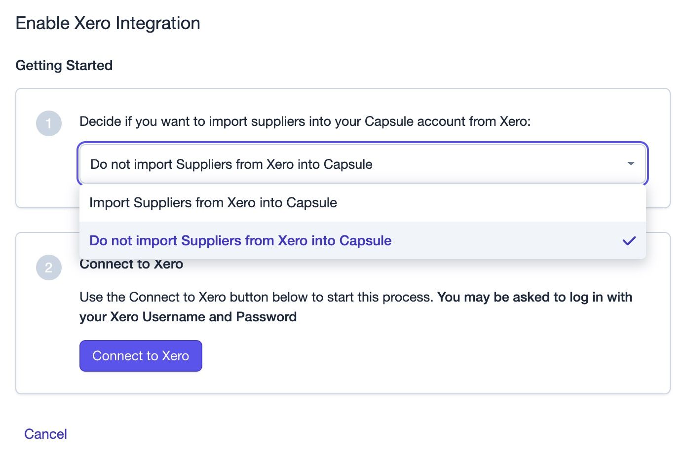 Xero configurado com a opção de não importar fornecedores selecionada