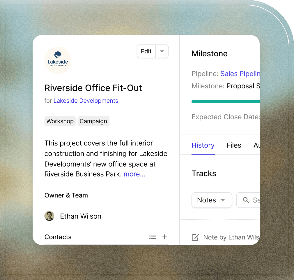 Instantánea de un proyecto de construcción en Capsule CRM que muestra información resumida clara sobre el proyecto.