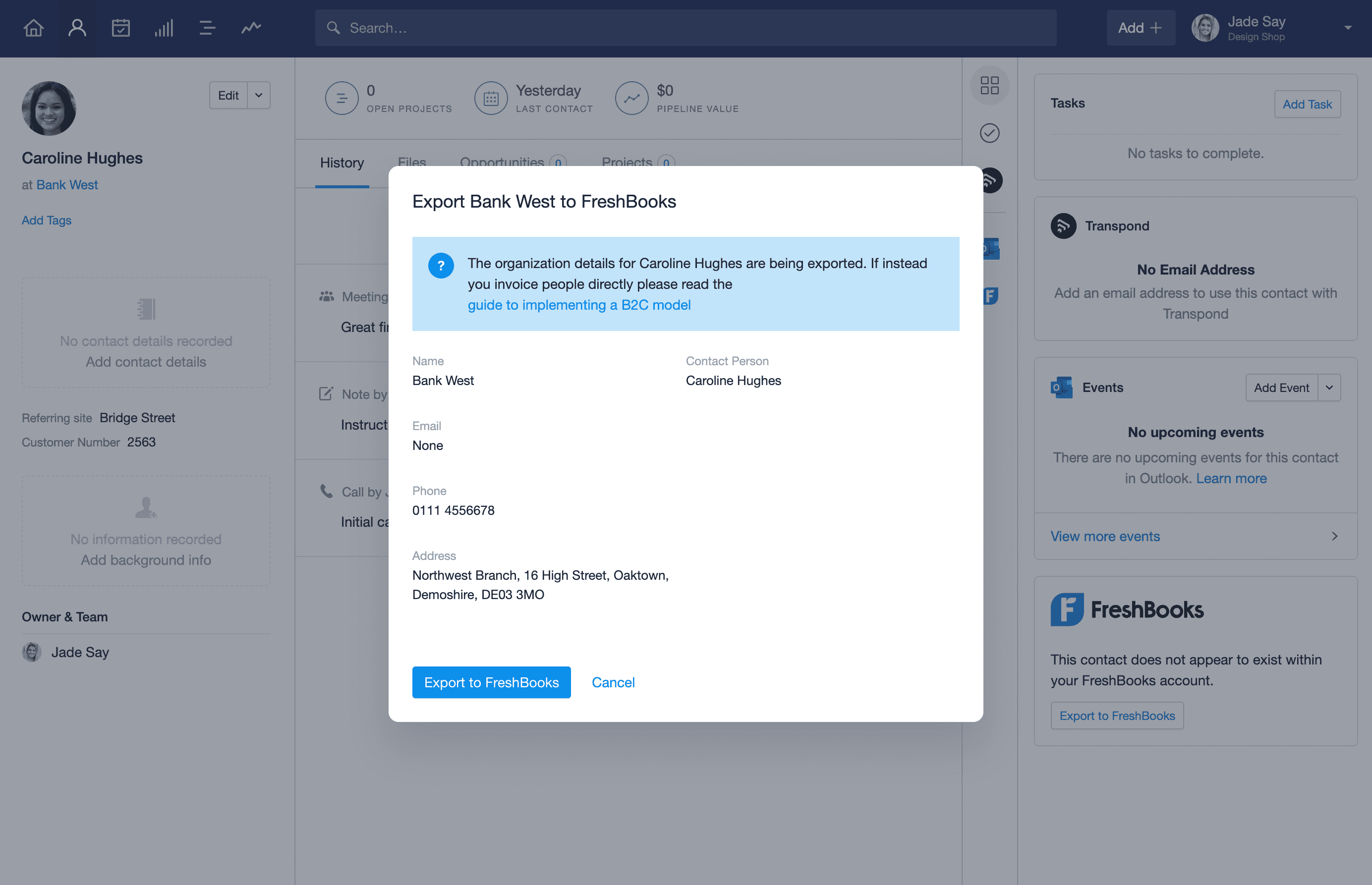 modal com detalhes da empresa e botão para exportá-los para o FreshBooks