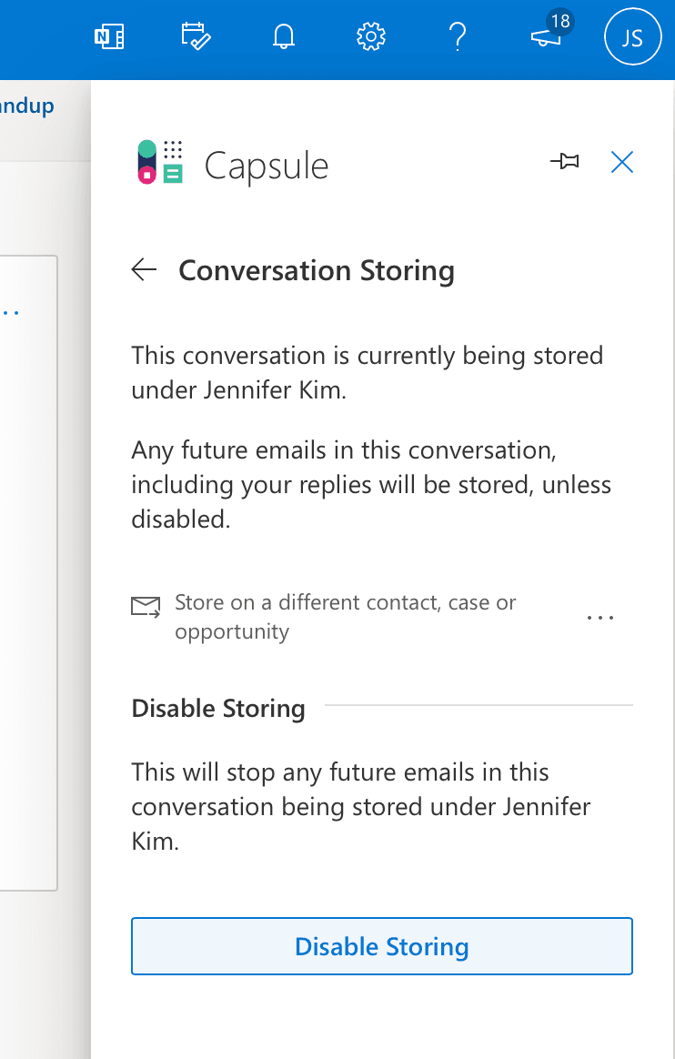 Complemento do Capsule para Outlook exibindo a opção de desativar o armazenamento de um e-mail