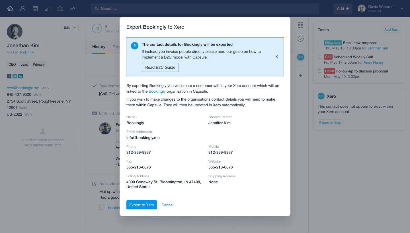 une fenêtre modale avec les coordonnées de l'entreprise et un bouton pour les exporter dans Xero