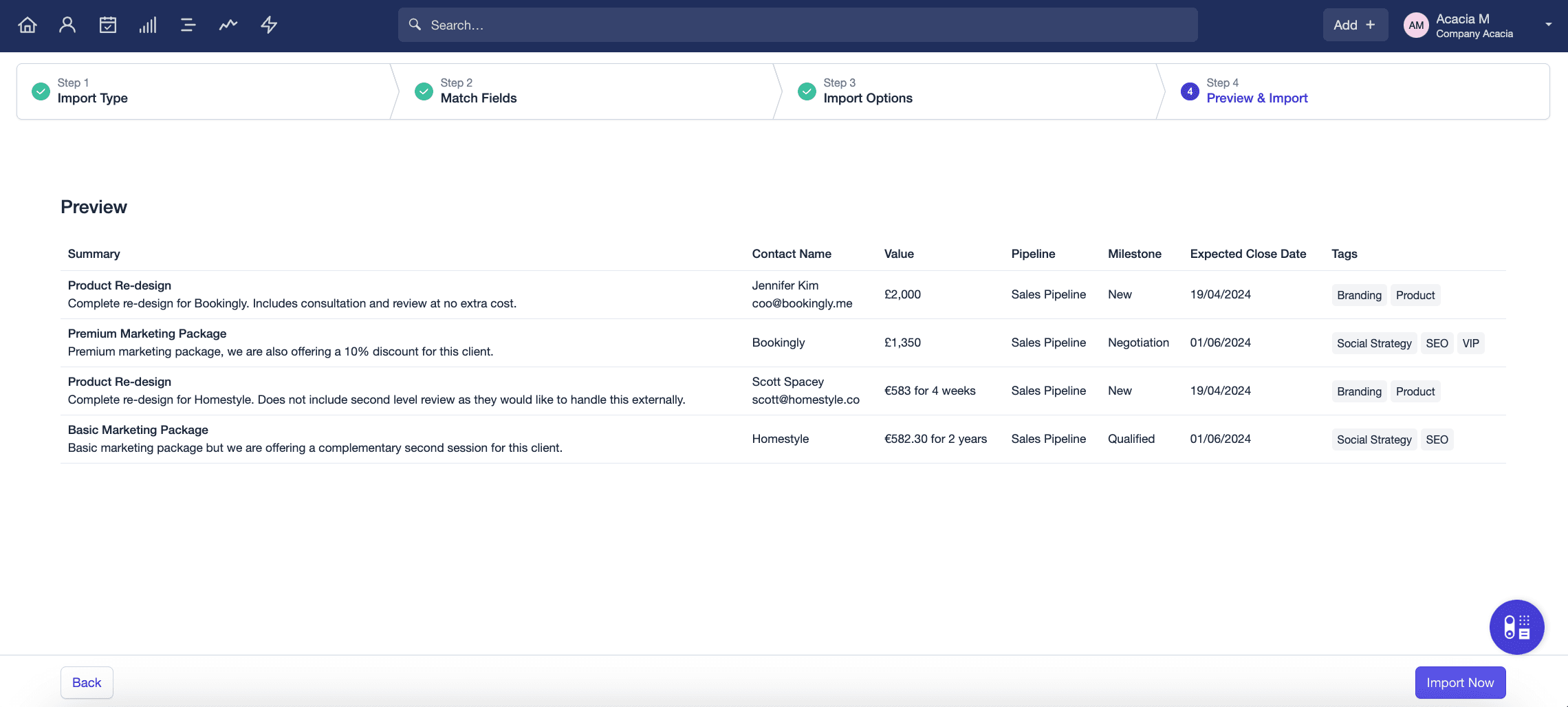 Showing preview step of Opportunity Import