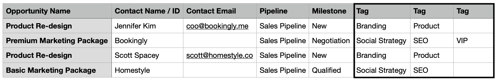 Showing spreadsheet with Tags in multiple columns