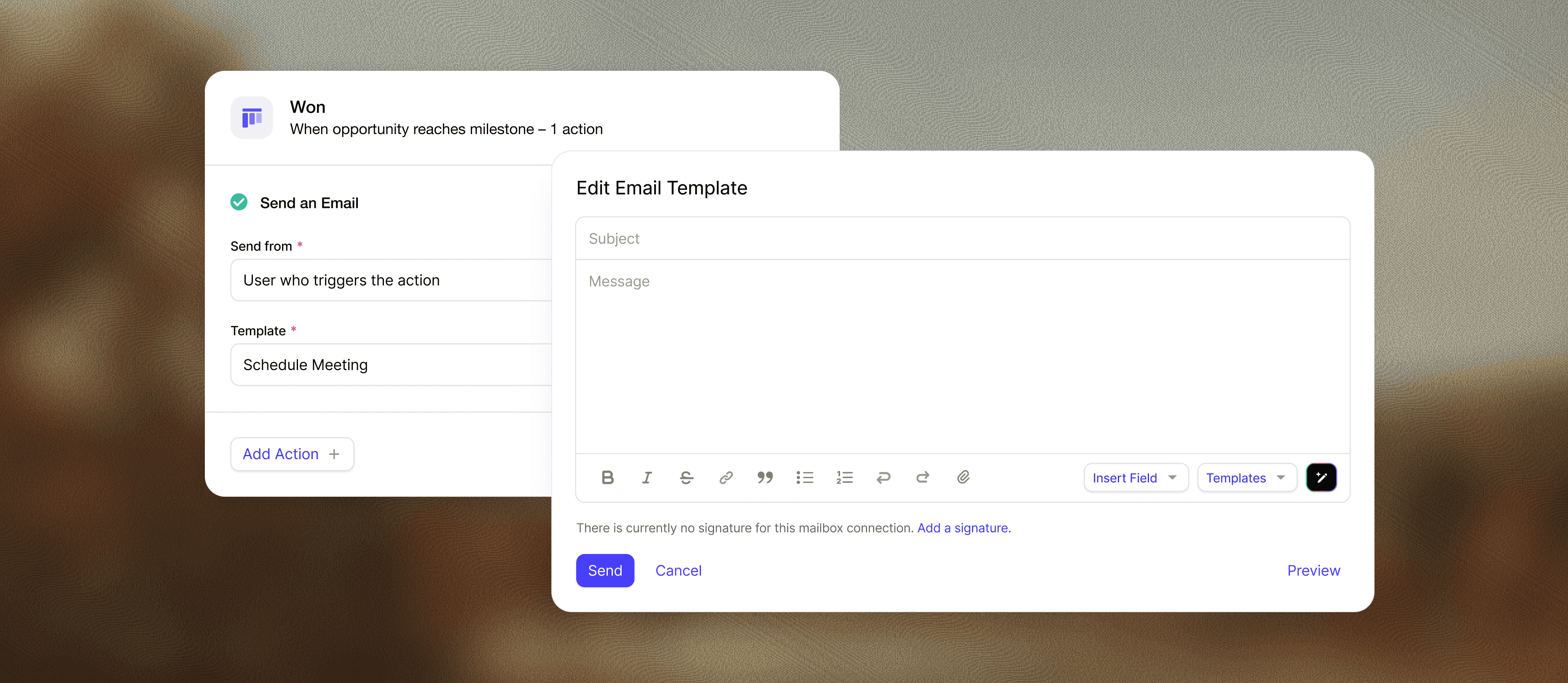The Capsule CRM automated email workflow shows email templates and automation rules with trigger conditions and scheduled actions for managing startup client communications.