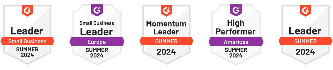 G2 awards - Leader (Small Business), Spring 2024. High Performer (Americas), Spring 2024. High Performer (Spring), 2024. Small Business High Performer (Europe), Spring 2024. Momentum Leader (Spring), 2024.