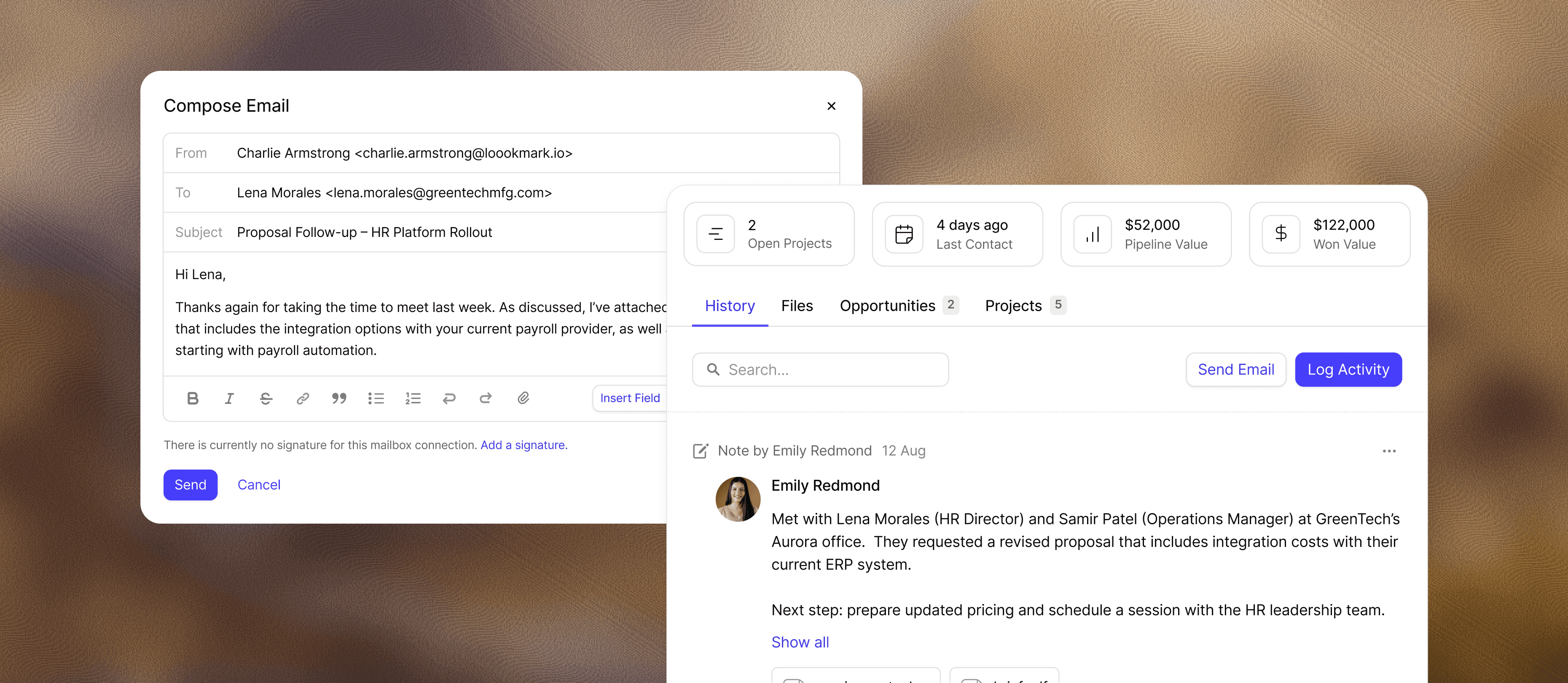 Composer un email et l'historique des emails dans Capsule CRM