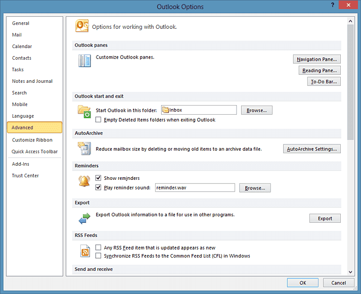 Les paramètres avancés d'Outlook avec l'option Exporter