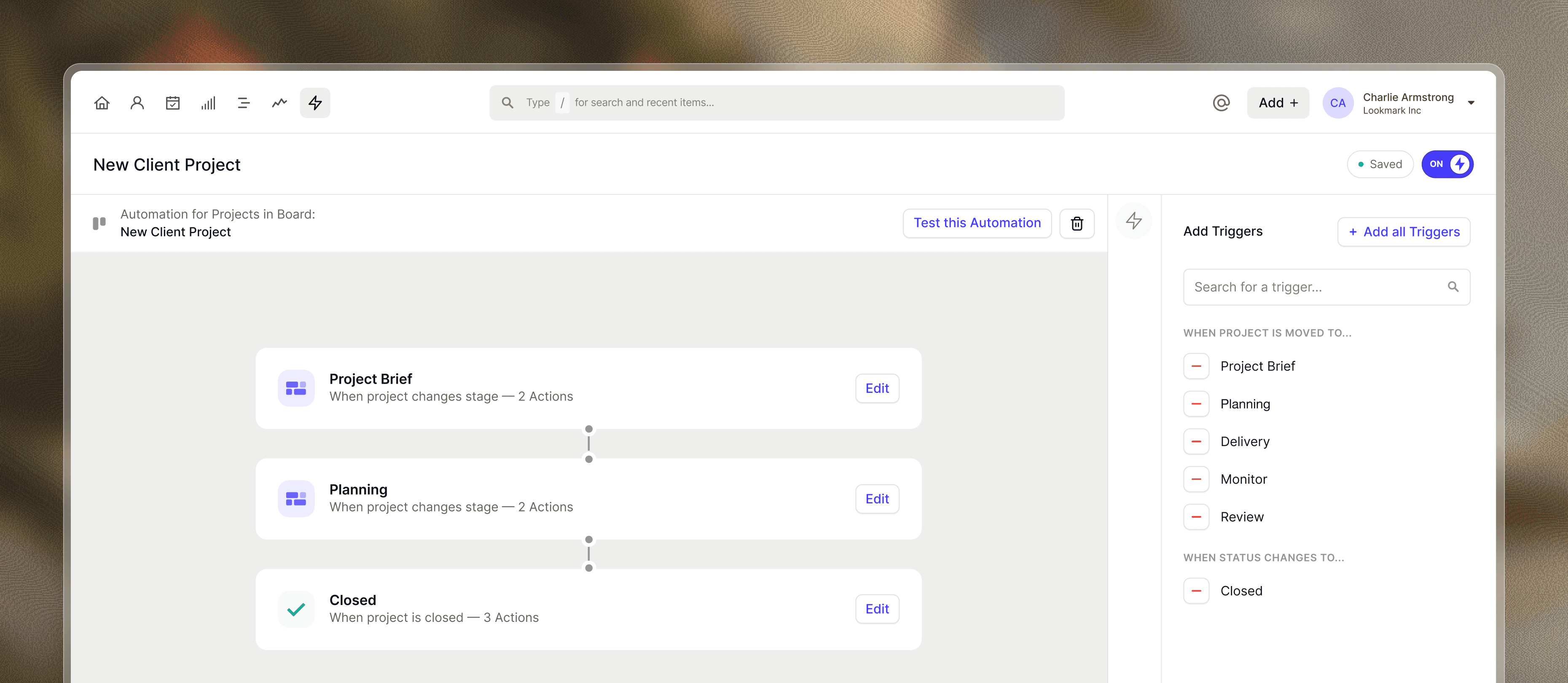 Screenshot of Capsule CRM workflow automation builder interface showing the automation creation process with options to select opportunities or projects, configure automation rules, and test workflows