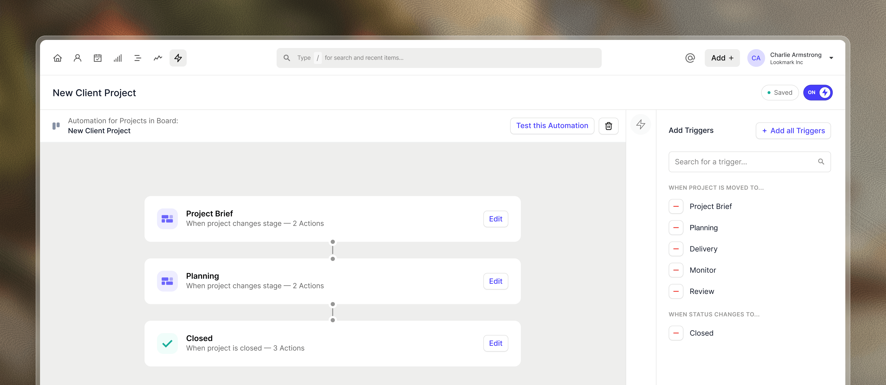 Screenshot of Capsule CRM workflow automation builder interface showing the automation creation process with options to select opportunities or projects, configure automation rules, and test workflows