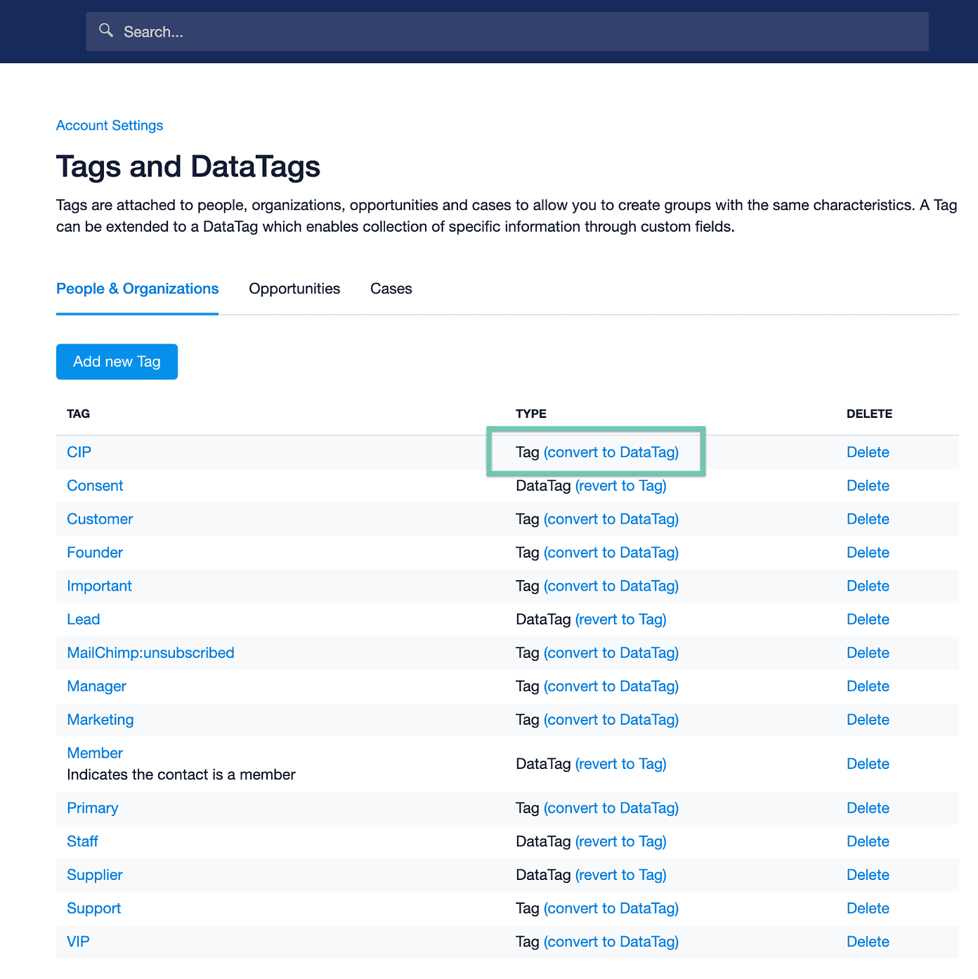 Liste d’étiquettes, avec l’option de les convertir en DataTags