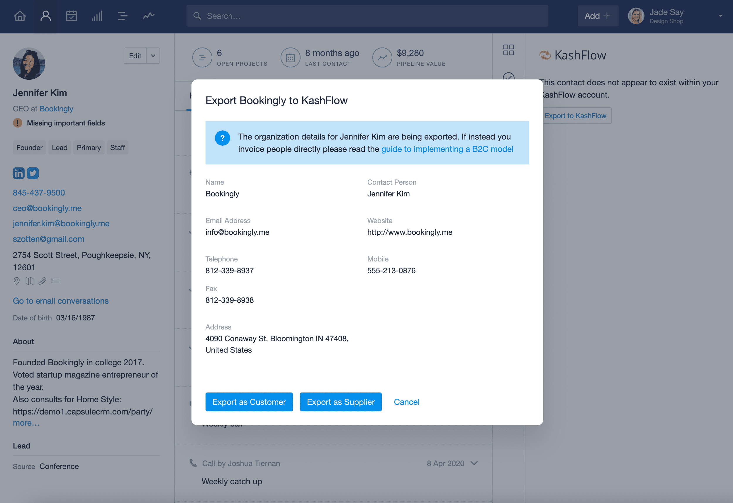 modal com detalhes da empresa e botão para exportá-los para o KashFlow