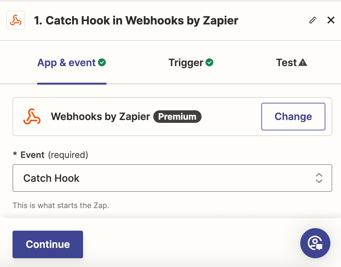 showing the webhooks by zapier trigger and event selected