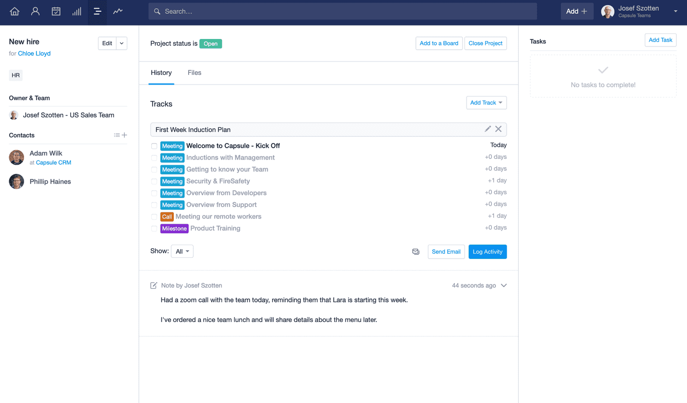 A Project in Capsule for HR with tasks for onboarding new staff