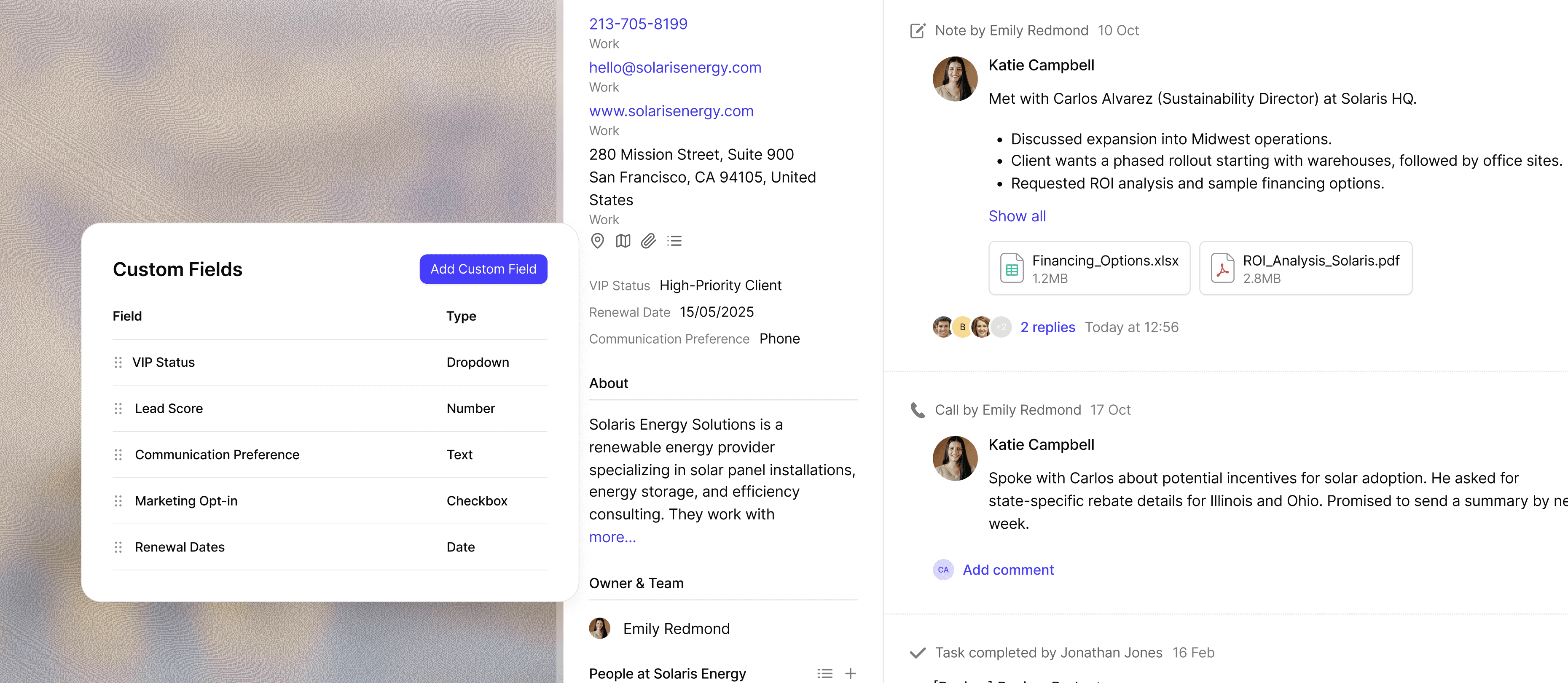 Fiche de contact Capsule CRM présentant des champs personnalisés pour la saisie d'informations et de détails sur le client