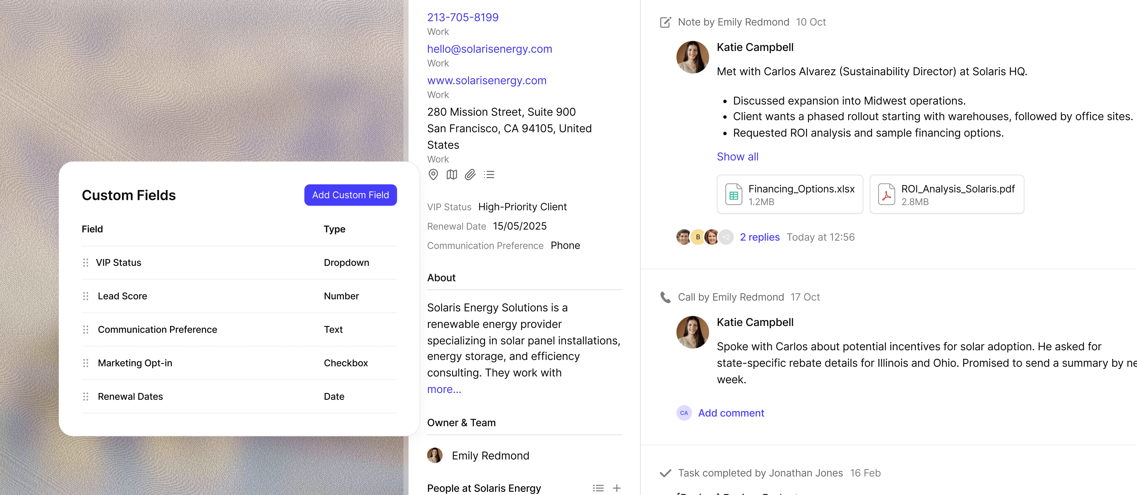 Capsule CRM contact record showing custom fields for capturing client information and details