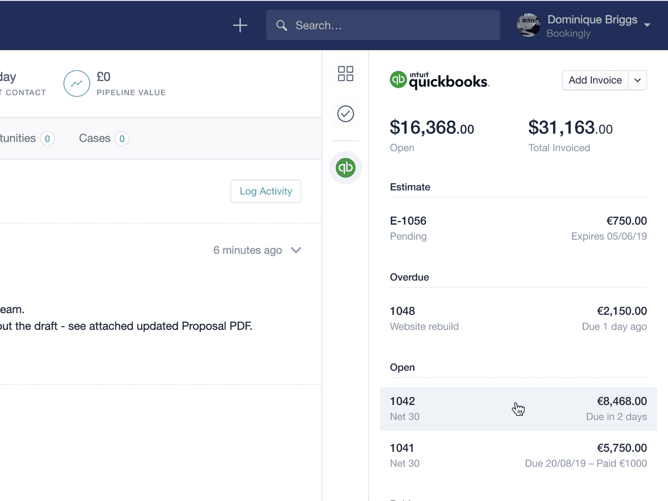 Quickbooks side panel integration in Capsule CRM