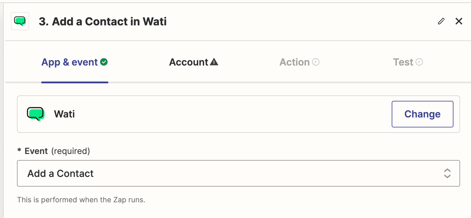 Capture d'écran montrant la sélection de l'action Nouveau contact dans Wati