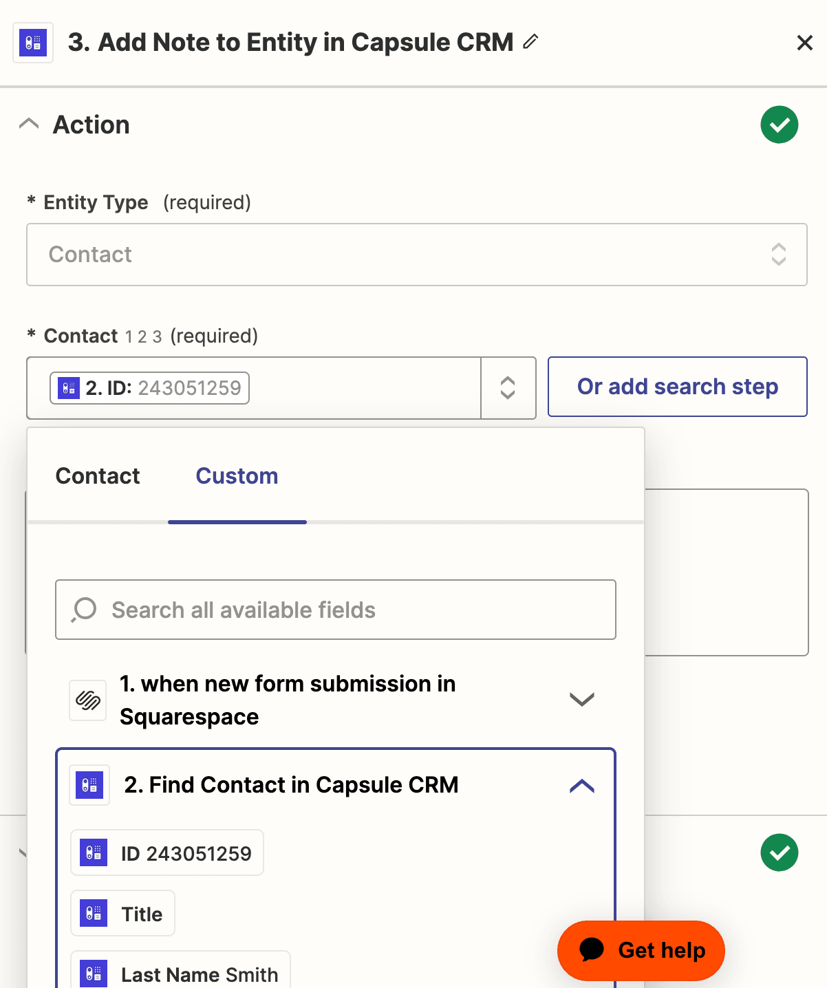 Captura de ecrã que mostra como escolher o ID do contacto do Capsule para mapear a nota