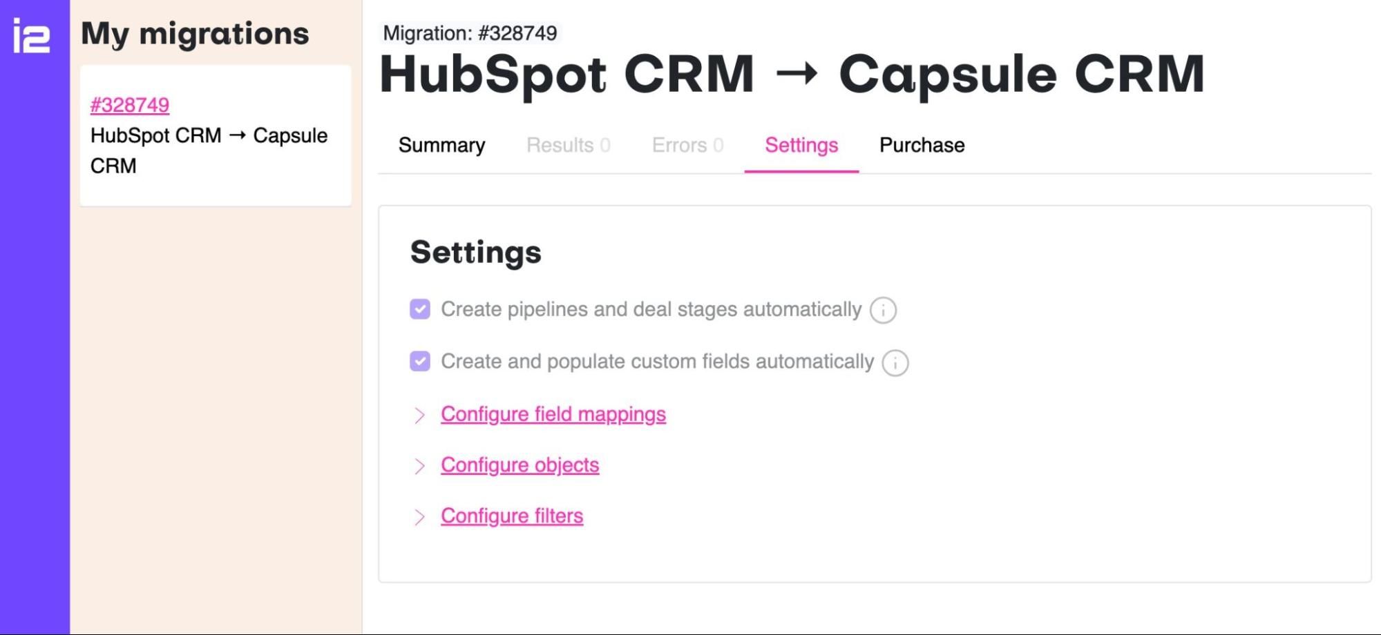 showing import2 settings page for migration