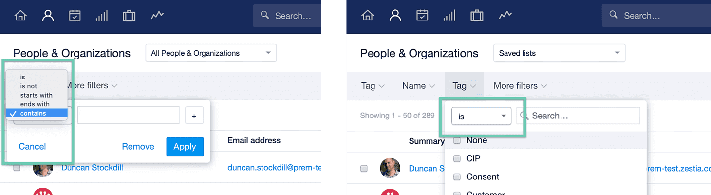 Deux fenêtres avec deux versions de la section Personnes et entreprises dans Capsule : la première montre un filtre de texte où « contient » est sélectionné, l’autre montre un filtre d’étiquette où « est » est sélectionné