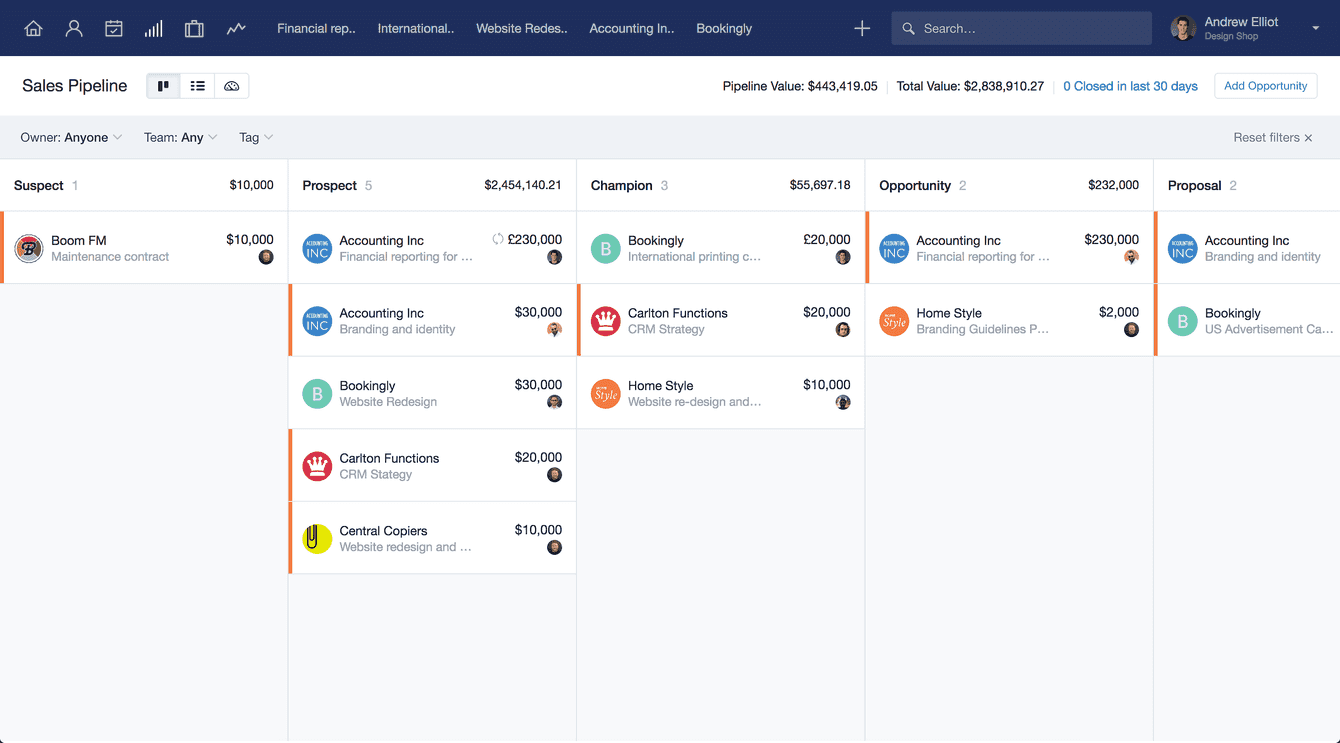 kanban view of sales pipeline in Capsule