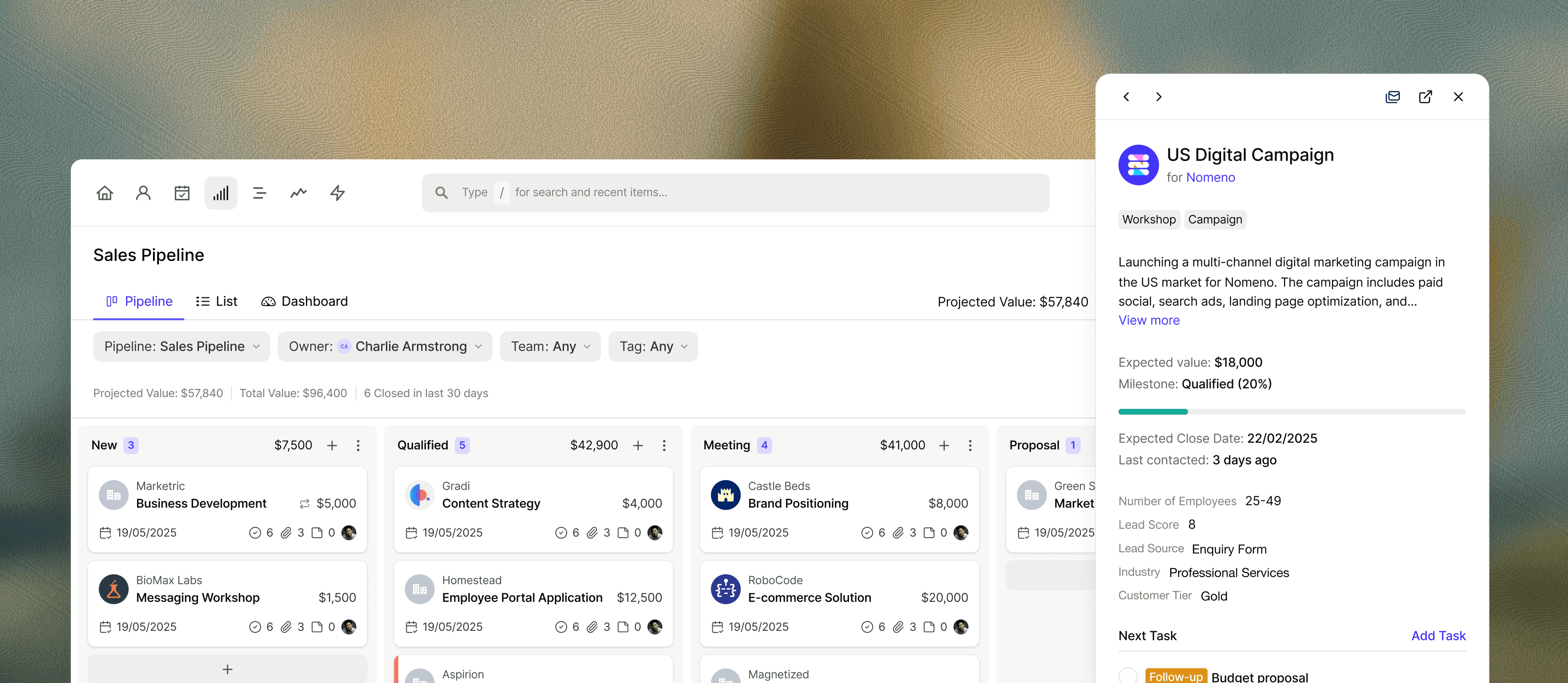 The Capsule CRM sales pipeline has a kanban layout showing the progress of each freelancer client opportunity. The image also shows a summary view of one opportunity for visibility of key information.