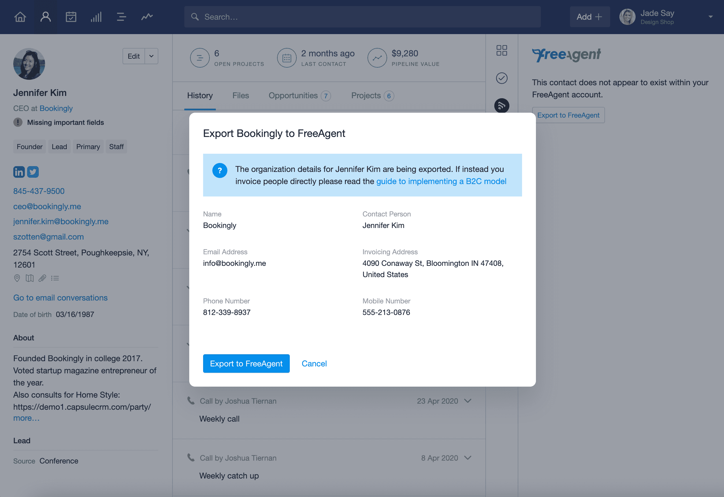 modal com detalhes da empresa e botão para exportá-los para o FreeAgent