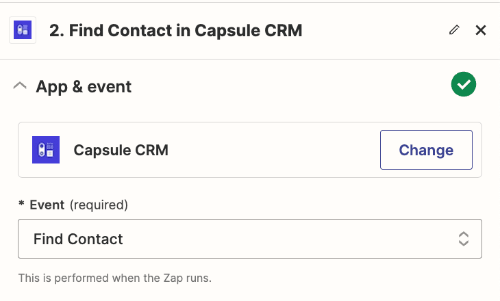 Captura de pantalla que muestra el paso Zapier para el Zap Capsule, para encontrar un contacto en Capsule.