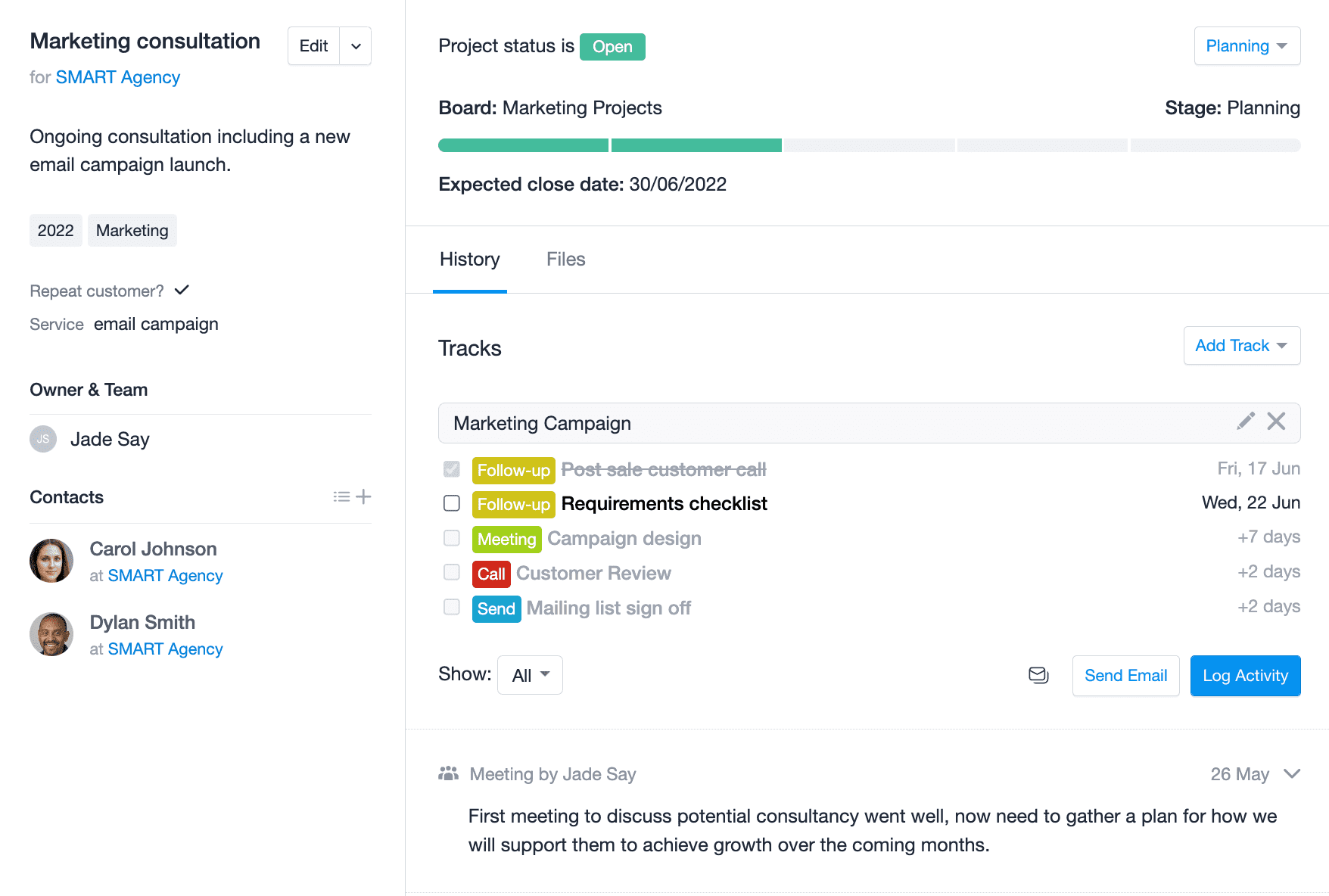 Project displayed with a Track applied. One of the Track tasks has been completed and the next task is due in the coming days