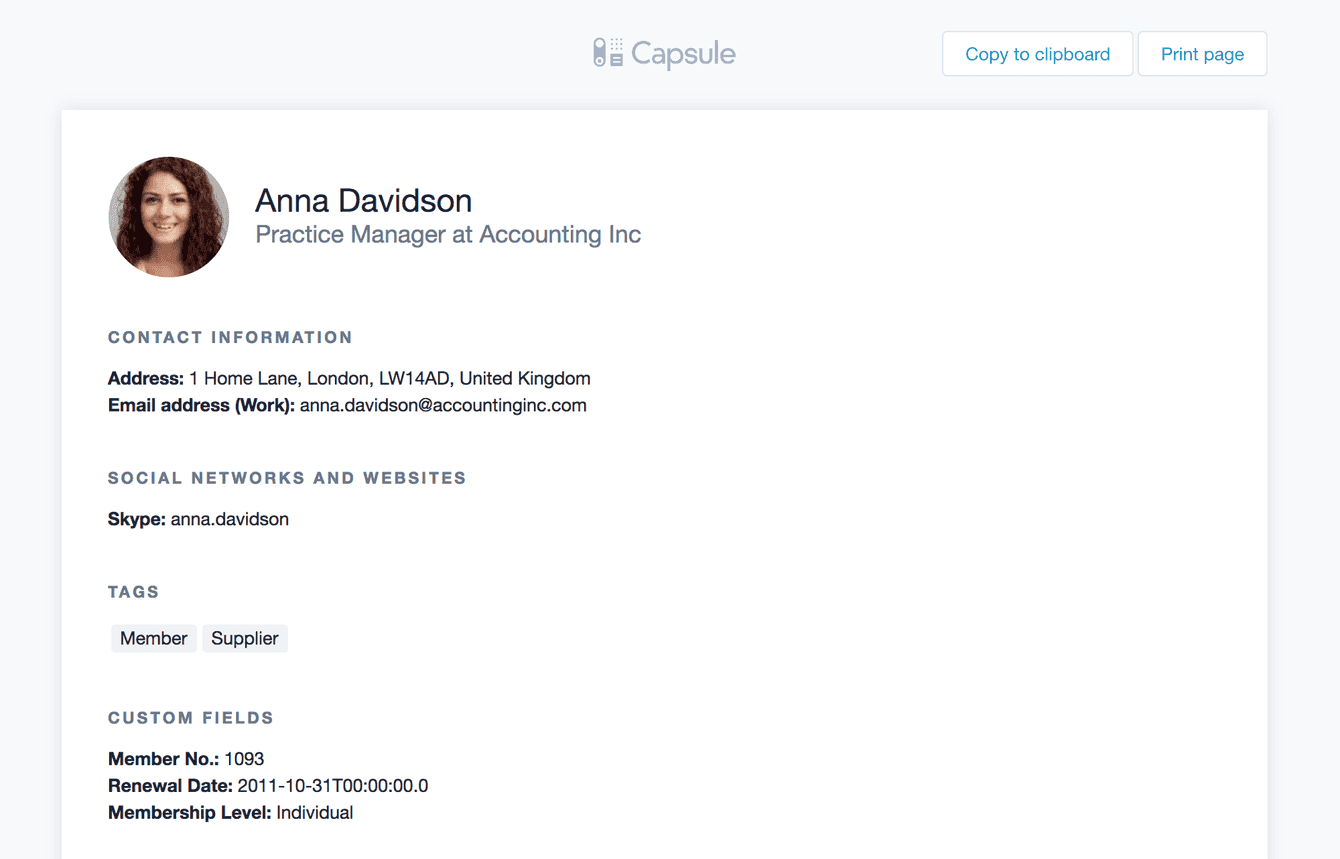 example of print summary feature with a contact's data