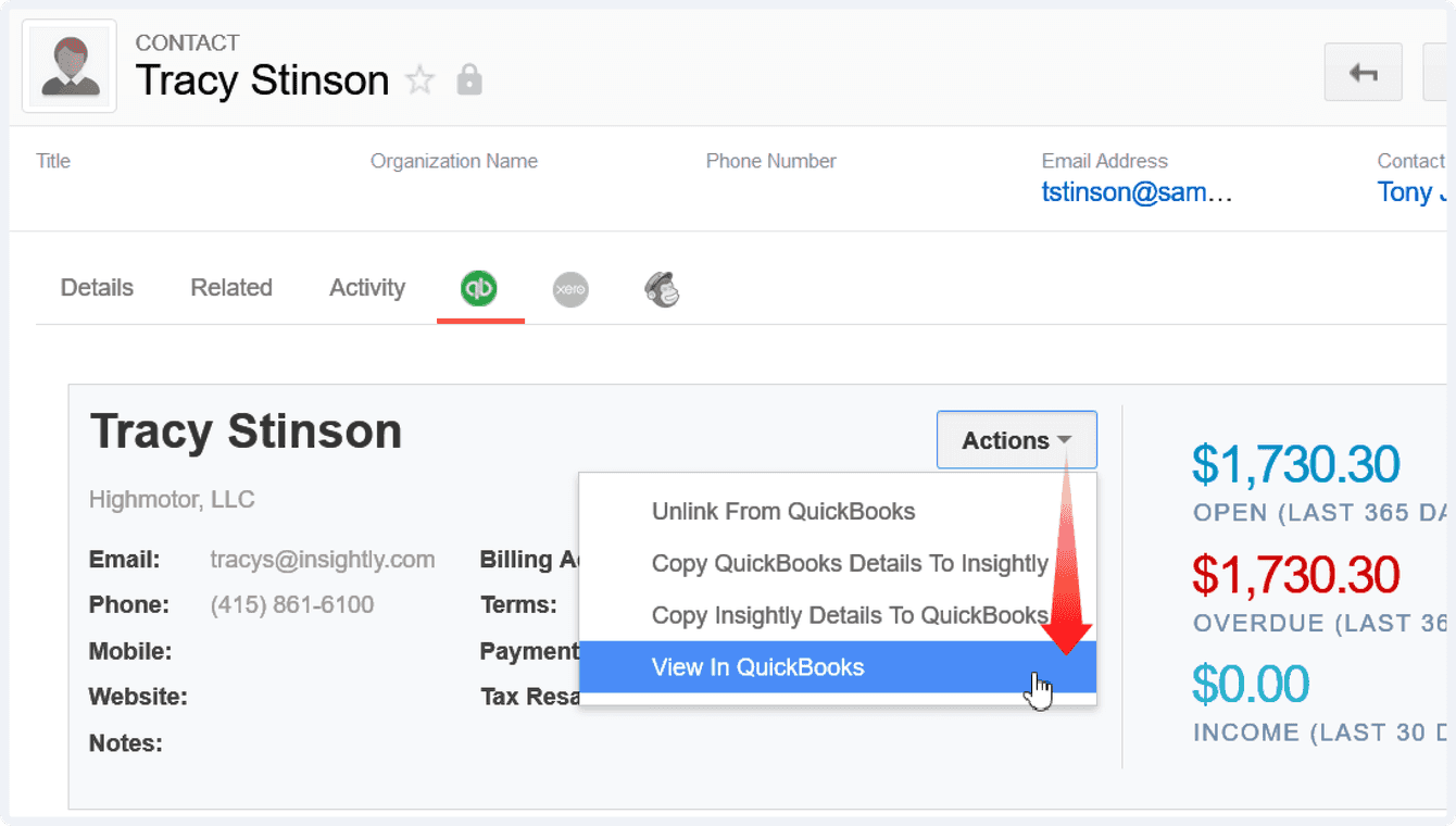 Captura de pantalla de la vista de la opción de QuickBooks en Insightly