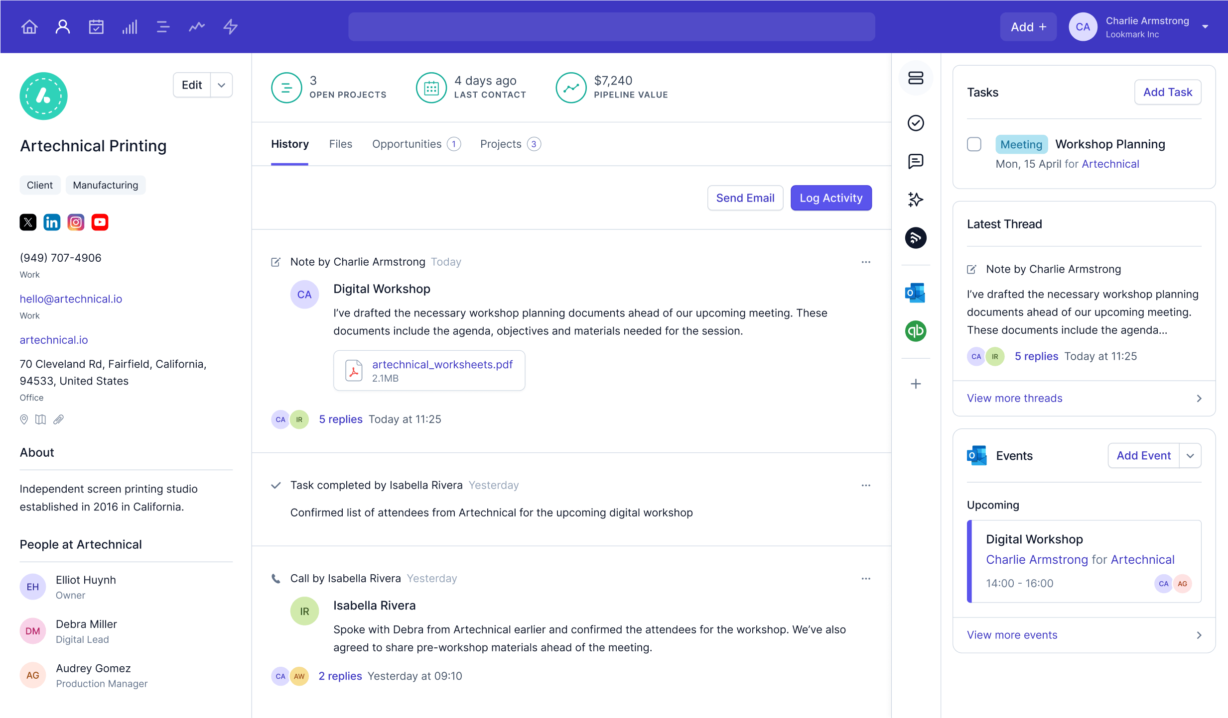 Product screenshot showing key information relating to a contact in Capsule, including contact details, related tasks and upcoming events