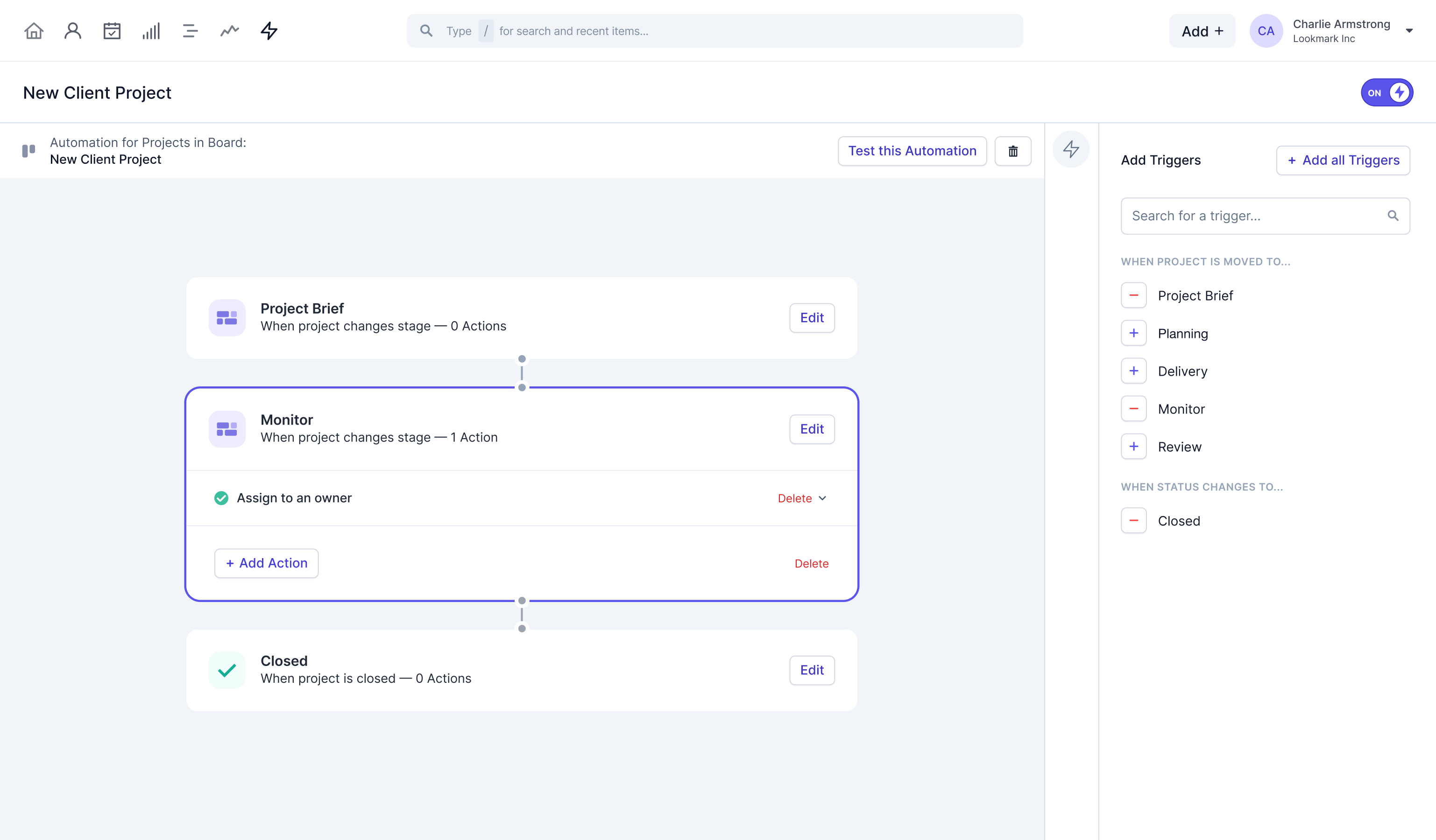 Capture d'écran du produit montrant comment configurer une nouvelle automatisation de projet dans le cadre des fonctionnalités d'automatisation du flux de travail de Capsule